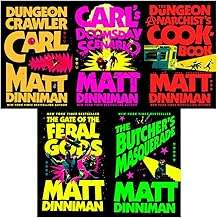 Bold, neon-pink & yellow text on black covers. "Dungeon Crawler Carl" series books with Matt Dinn...