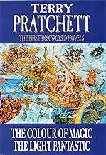 Blue cover with bold "TERRY PRATCHETT" text. Illustrated scene depicts a fantastical world on a g...