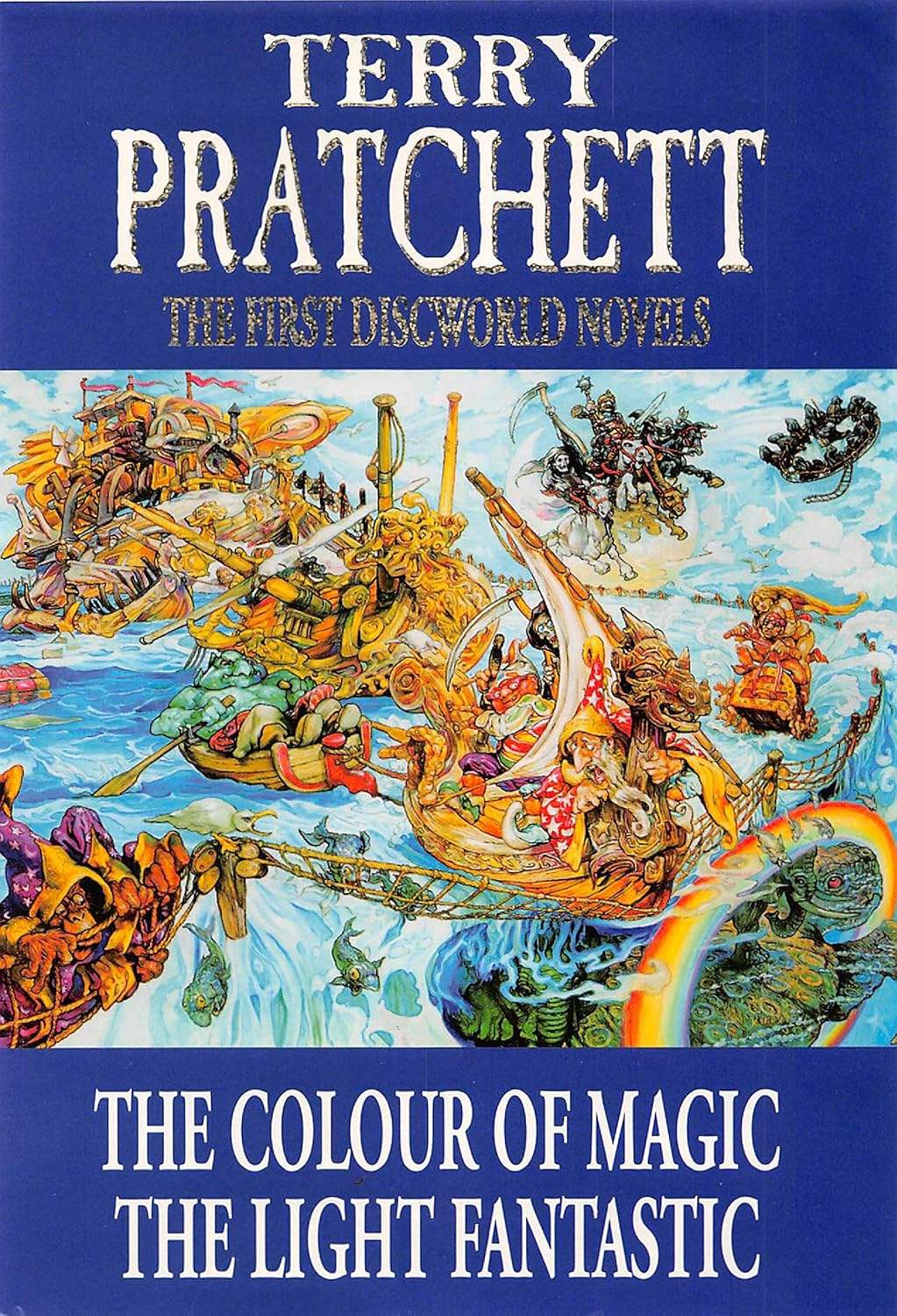 Blue cover with ornate gold title "TERRY PRATCHETT". Below, “The First Discworld Novels” & book titles. Chaotic fantasy illustration of ships, islands