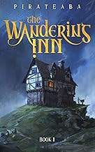 Dark fantasy cover. Golden title "The Wandering Inn" over a misty green hill with an isolated, wa...