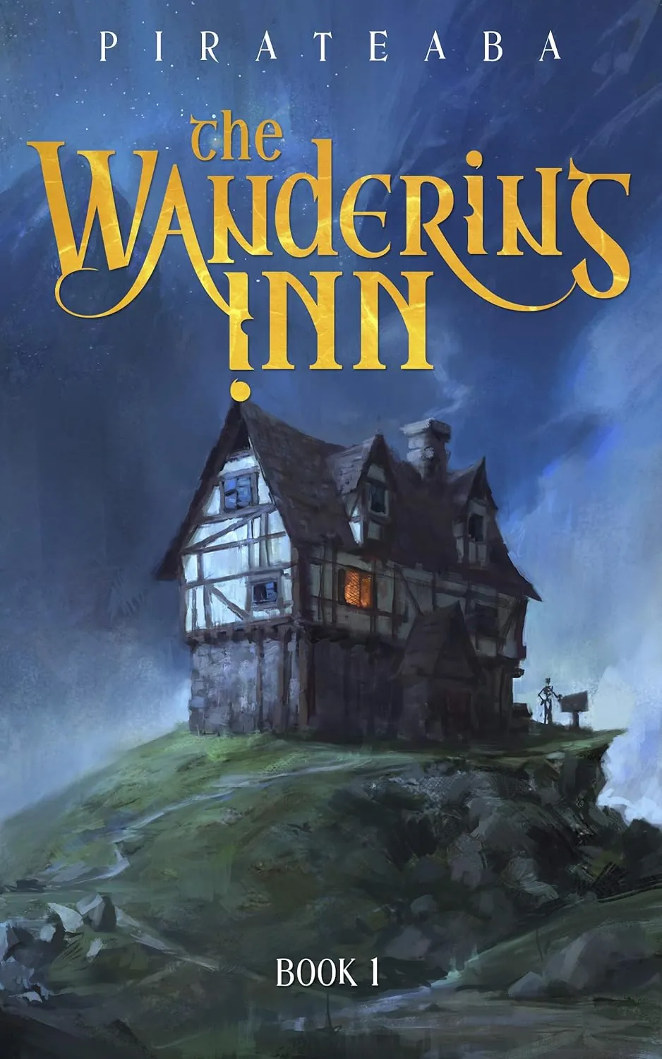 Dark fantasy book cover. Title "The Wanderings Inn" in ornate gold script over a misty hill & cozy, lit inn. Moody blues & greens dominate; rustic woo